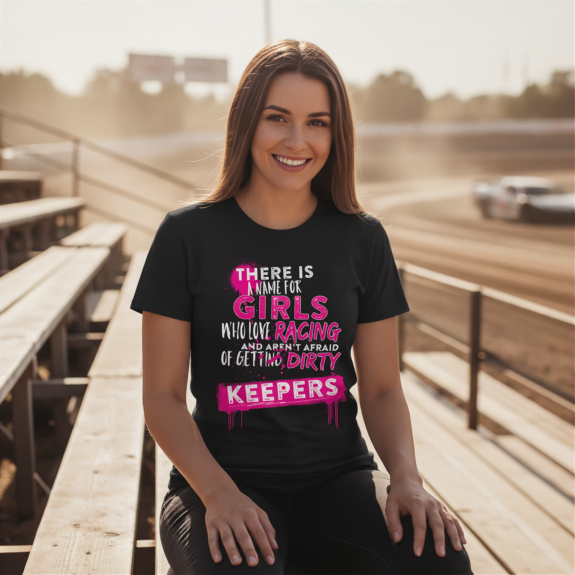 Woman wearing a black dirt track racing t-shirt with colorful text at a race track.