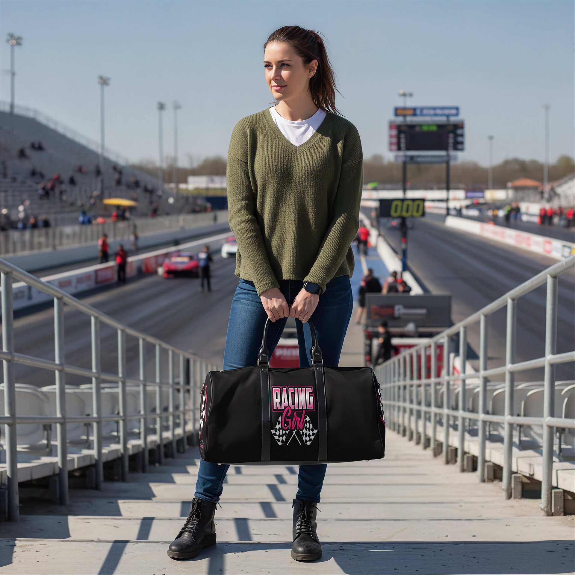 Woman holding a black duffel bag with 'Racing Girl' design at a race track.