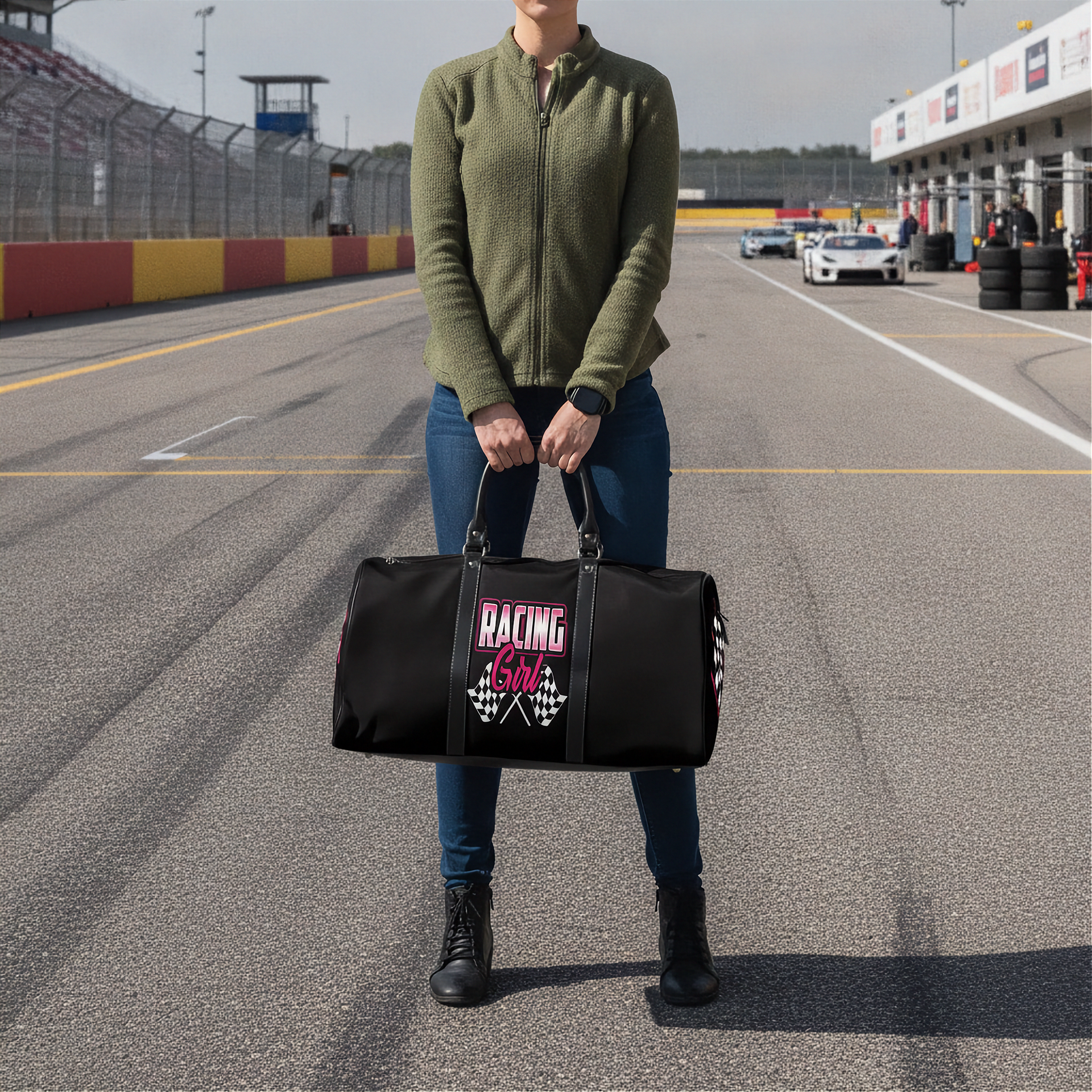Woman holding a black duffel bag with 'Racing Girl' text on a race track.