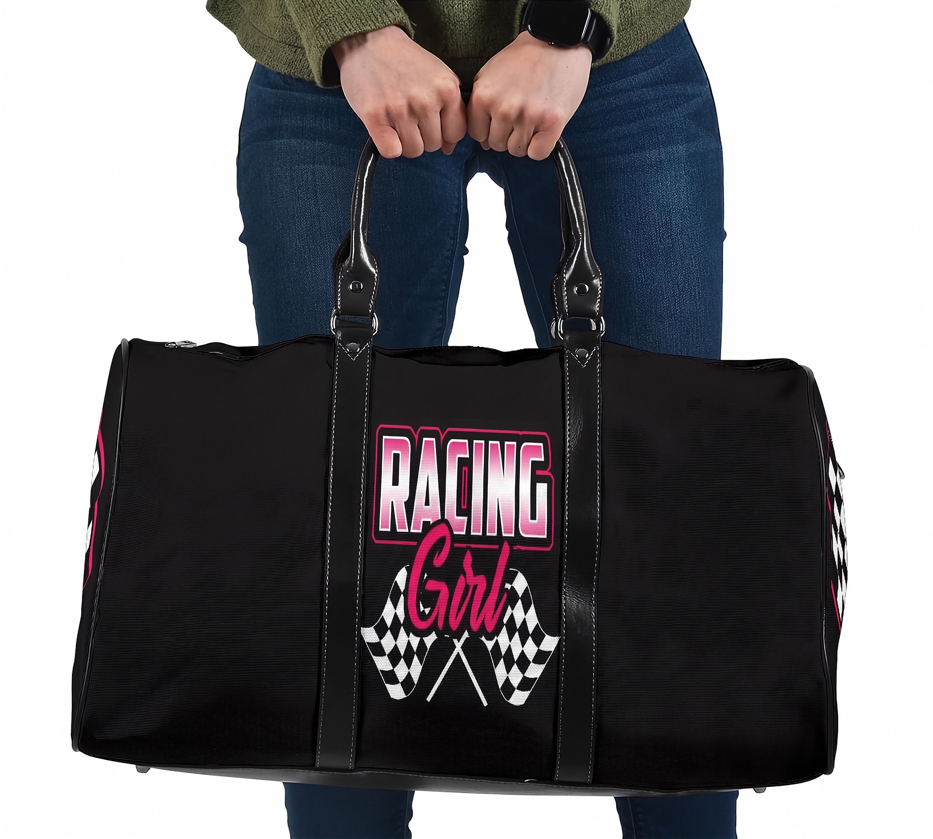 Black duffel bag with 'Racing Girl' text and checkered flags held by a person.