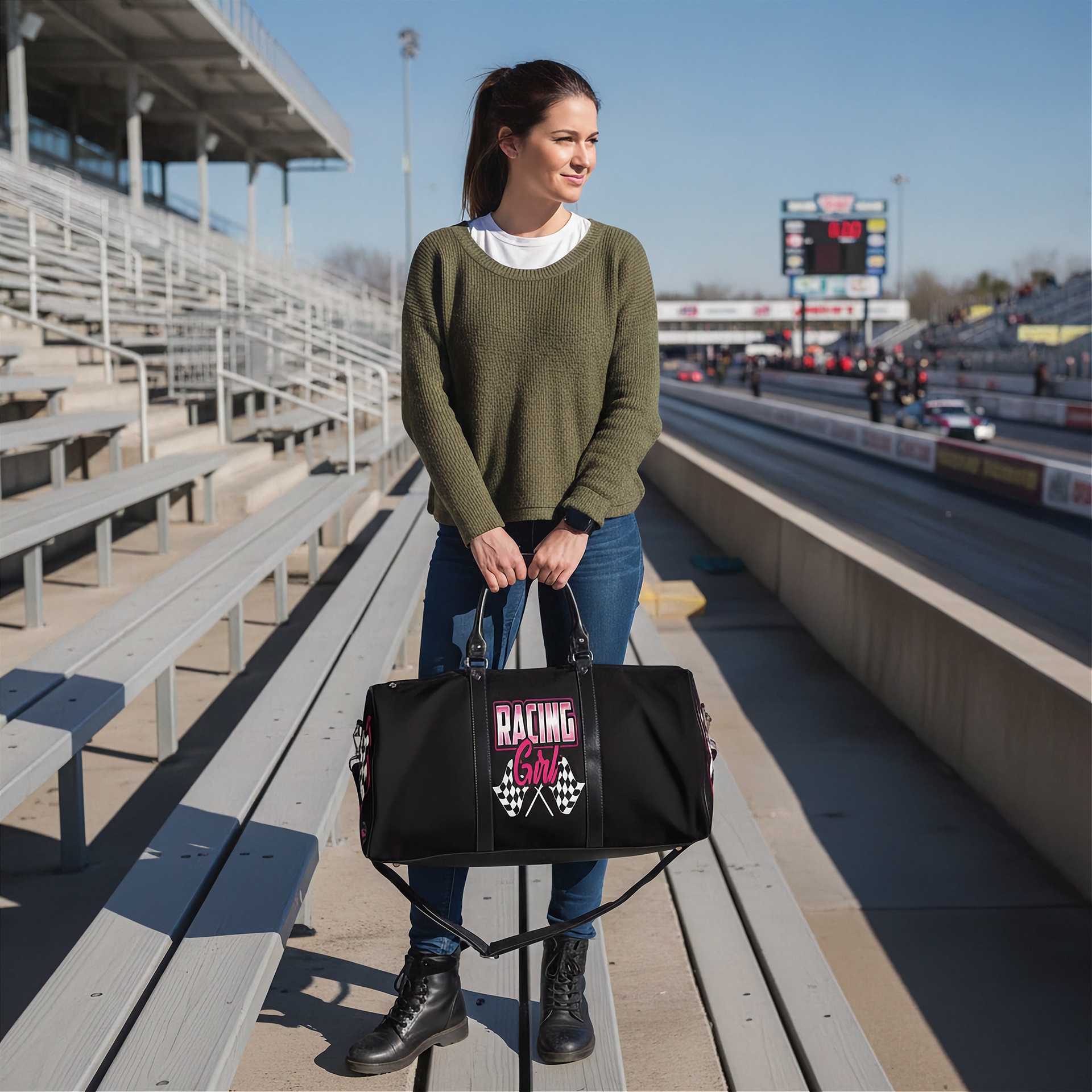 Woman holding a black duffel bag with 'Racing Girl' text at a race track.