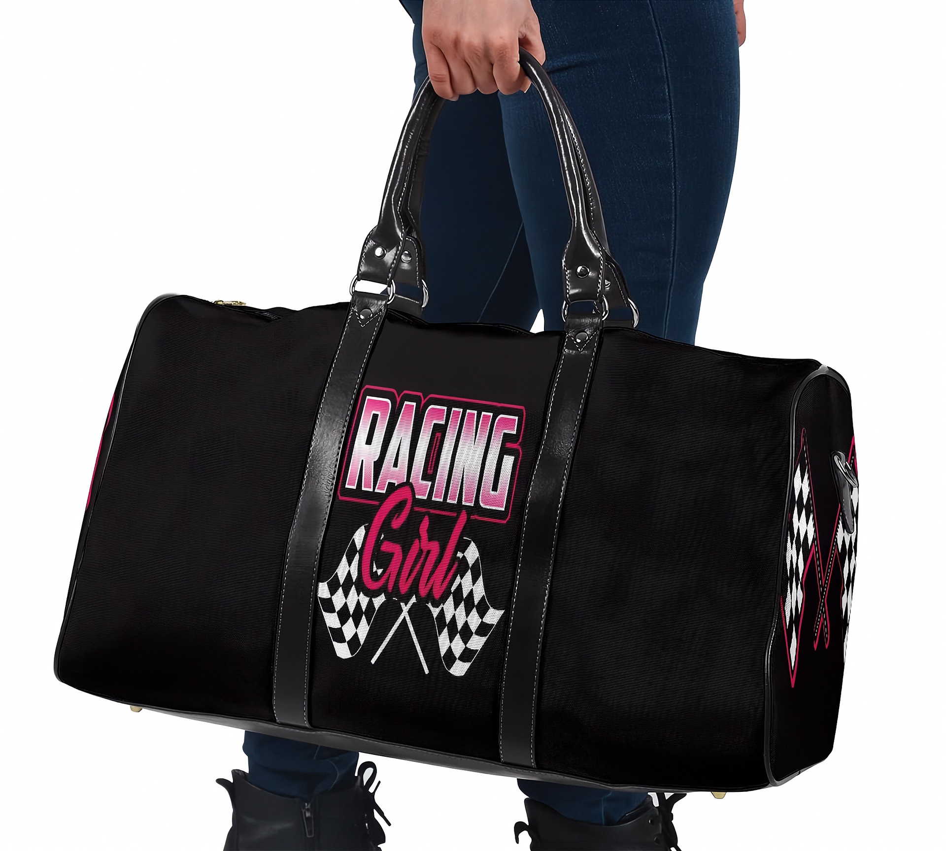 Black duffel bag with 'Racing Girl' text and checkered flags held by a person.