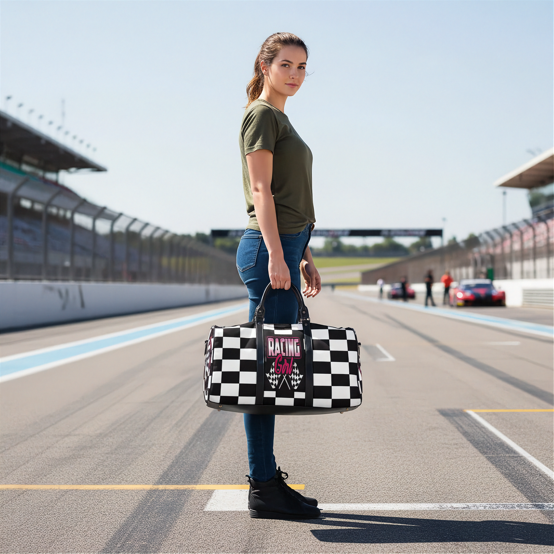 Woman holding a travel bag with a pink racing girl and checkered flag design at a race track, customizable text.