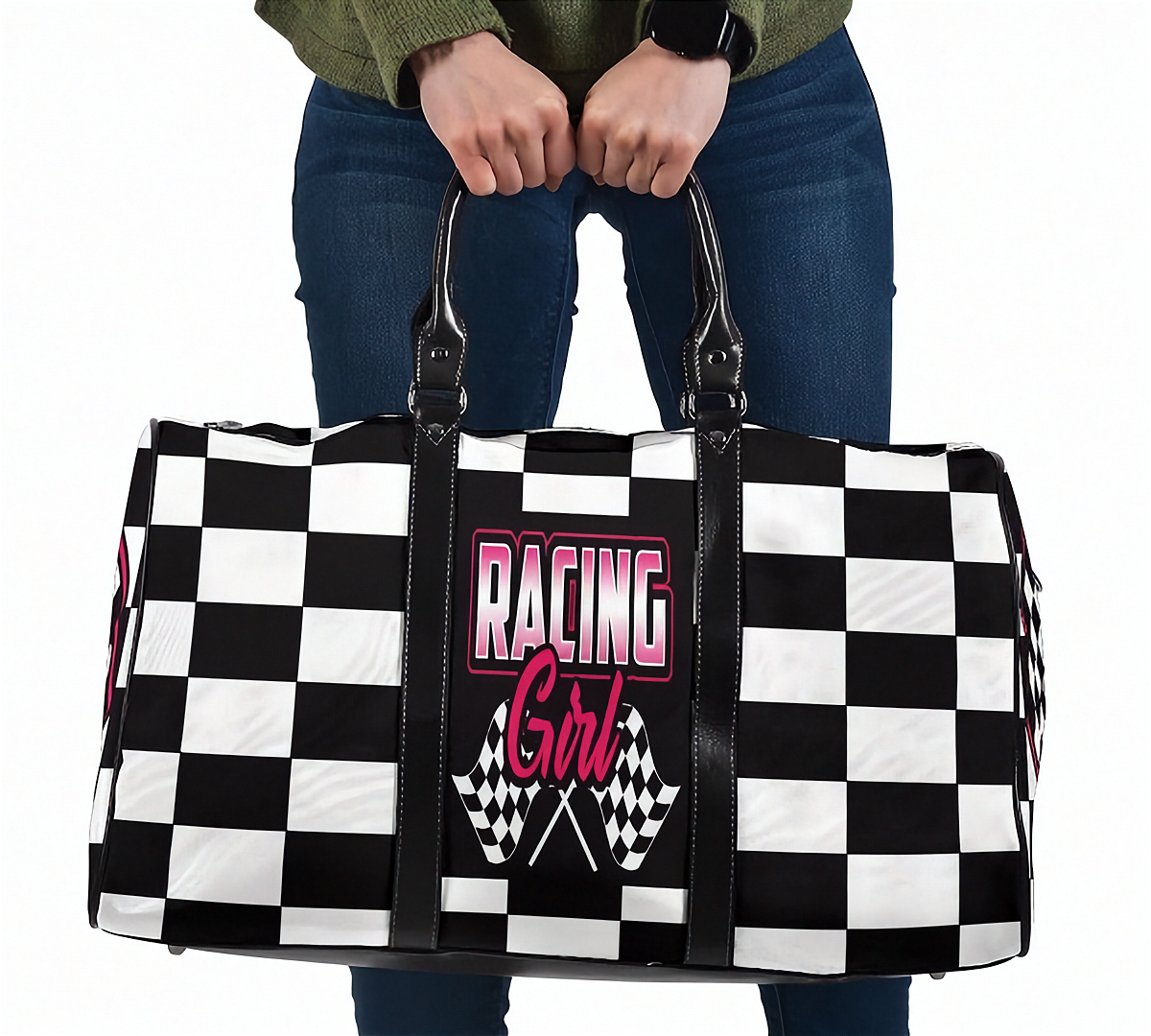 Woman holding a travel bag with a pink racing girl and checkered flag design with a white background