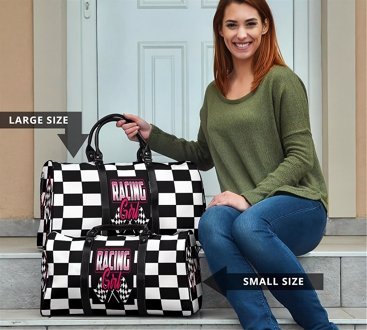 Woman holding a large and small checkered bag with 'Racing Girl' text, sitting on steps.