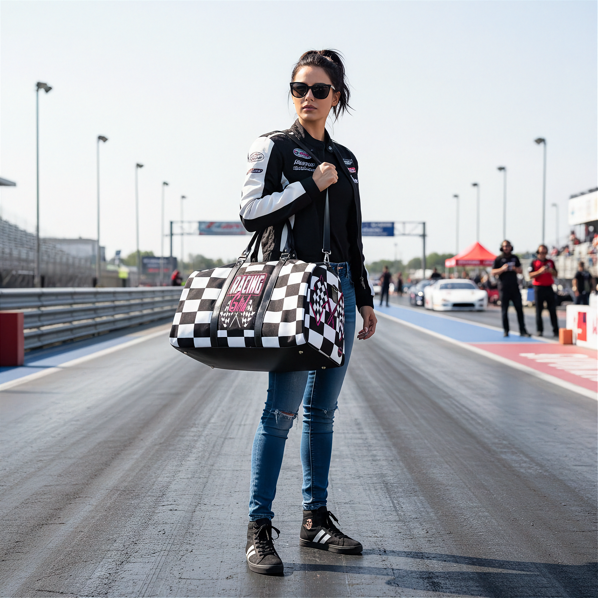 Woman holding a travel bag with a pink racing girl and checkered flag design at a drag race track, customizable text.