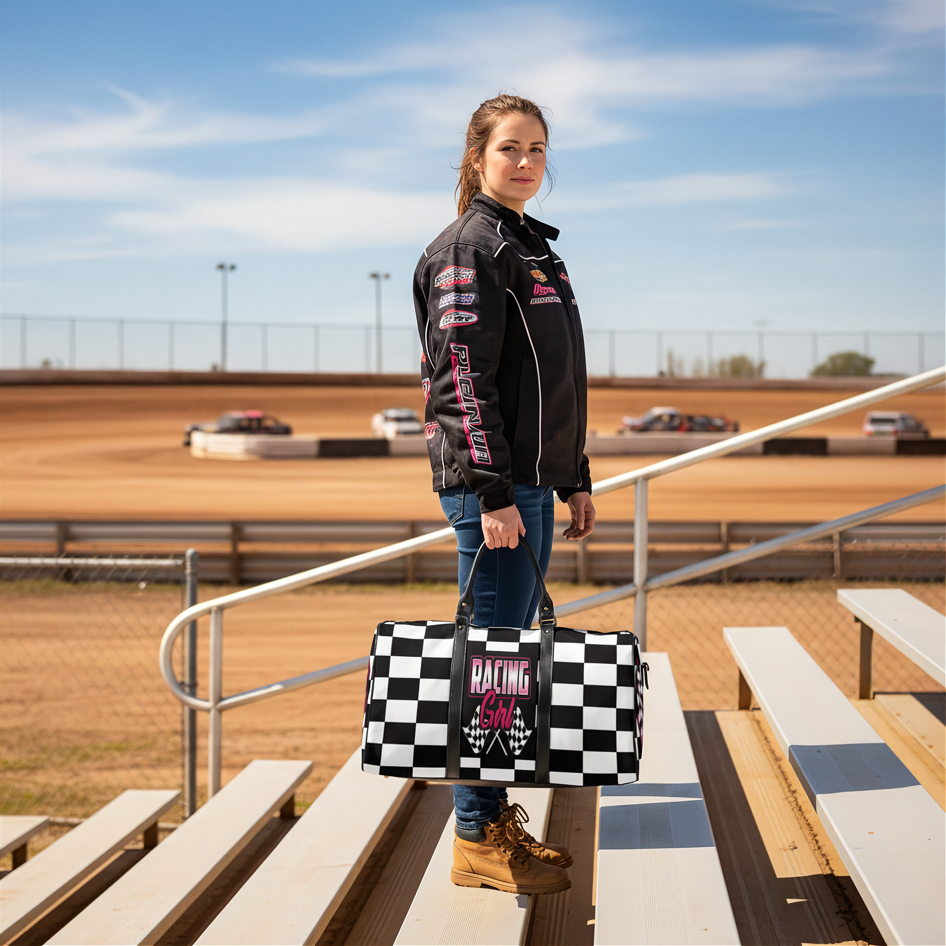 Woman holding a travel bag with a pink racing girl and checkered flag design at a dirt race track, customizable text.