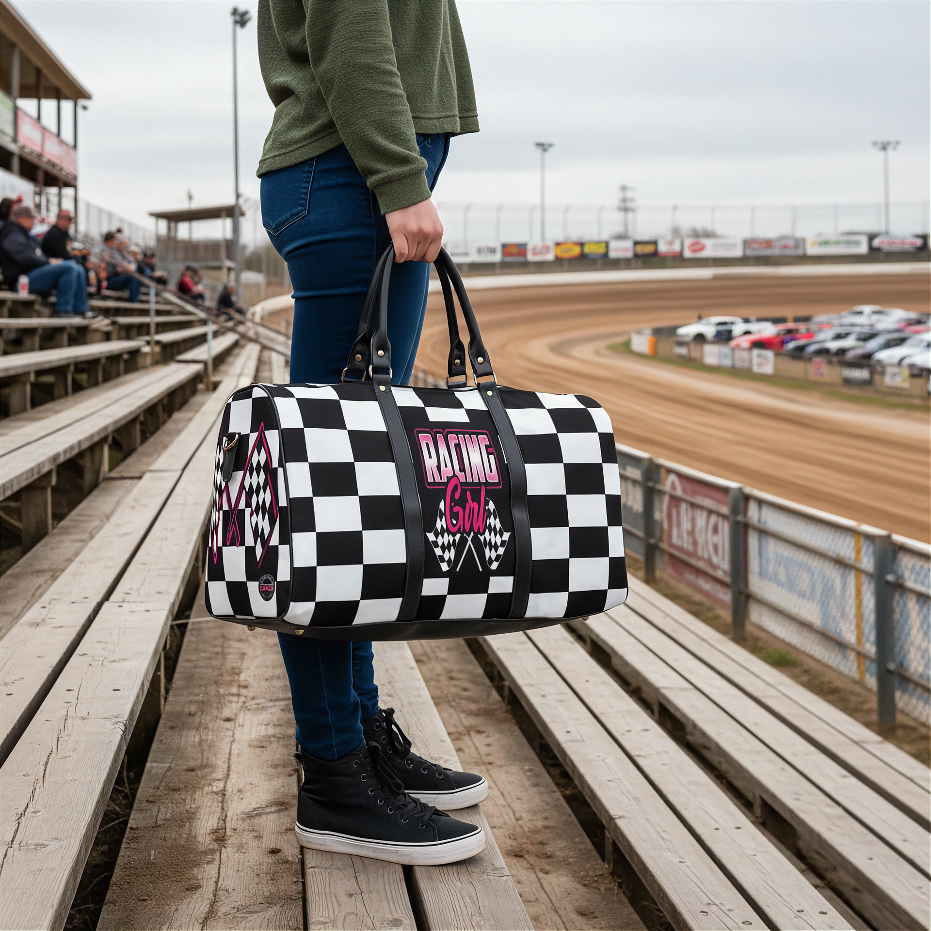 Woman holding a travel bag with a pink racing girl and checkered flag design at a dirt track, customizable text.
