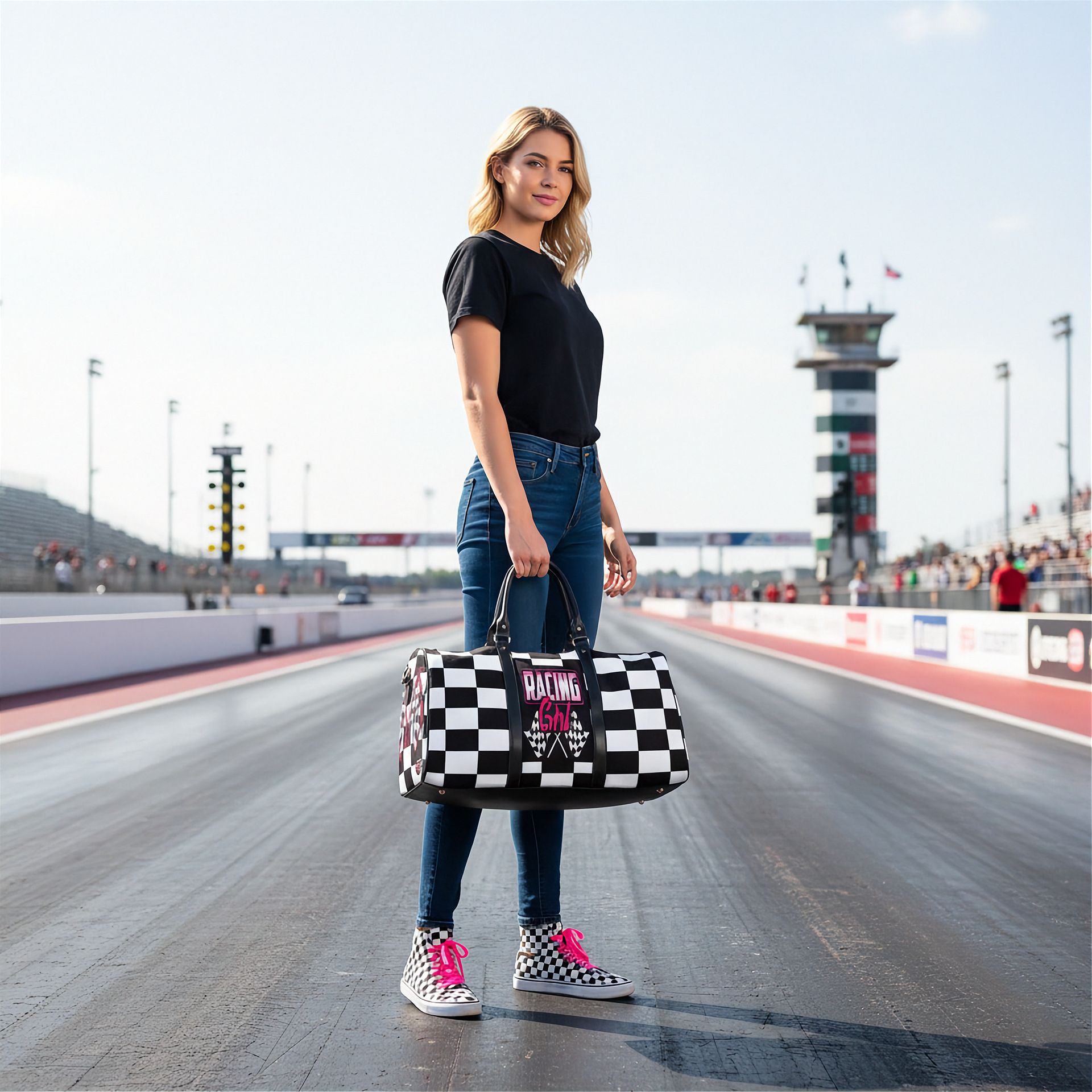 Woman holding a travel bag with a pink racing girl and checkered flag design at a dragstrip, customizable text.