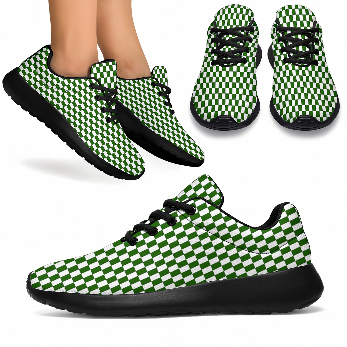 Green and white checkerboard sneakers shown from multiple angles, including a side view worn on a foot and two top-down views, on a clean white background.