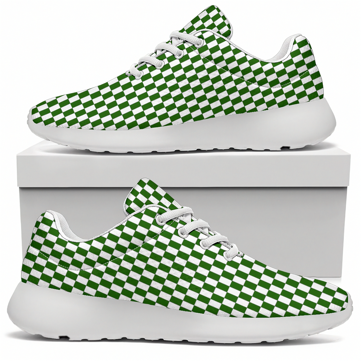 A pair of low-top sneakers with a green and white checkerboard pattern on the uppers, white laces, and thick white soles, shown with one shoe resting on top of a white box and the other in front on a white background.