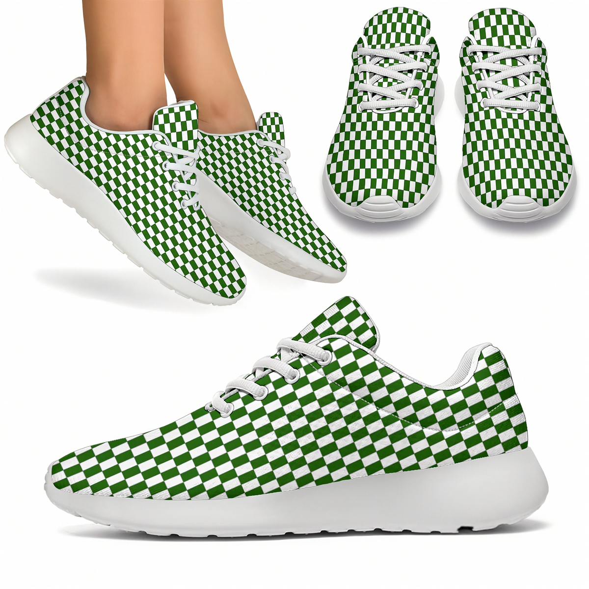 Green and white checkerboard sneakers shown in multiple views, including a side profile and two top-down views worn on feet, on a clean white background.