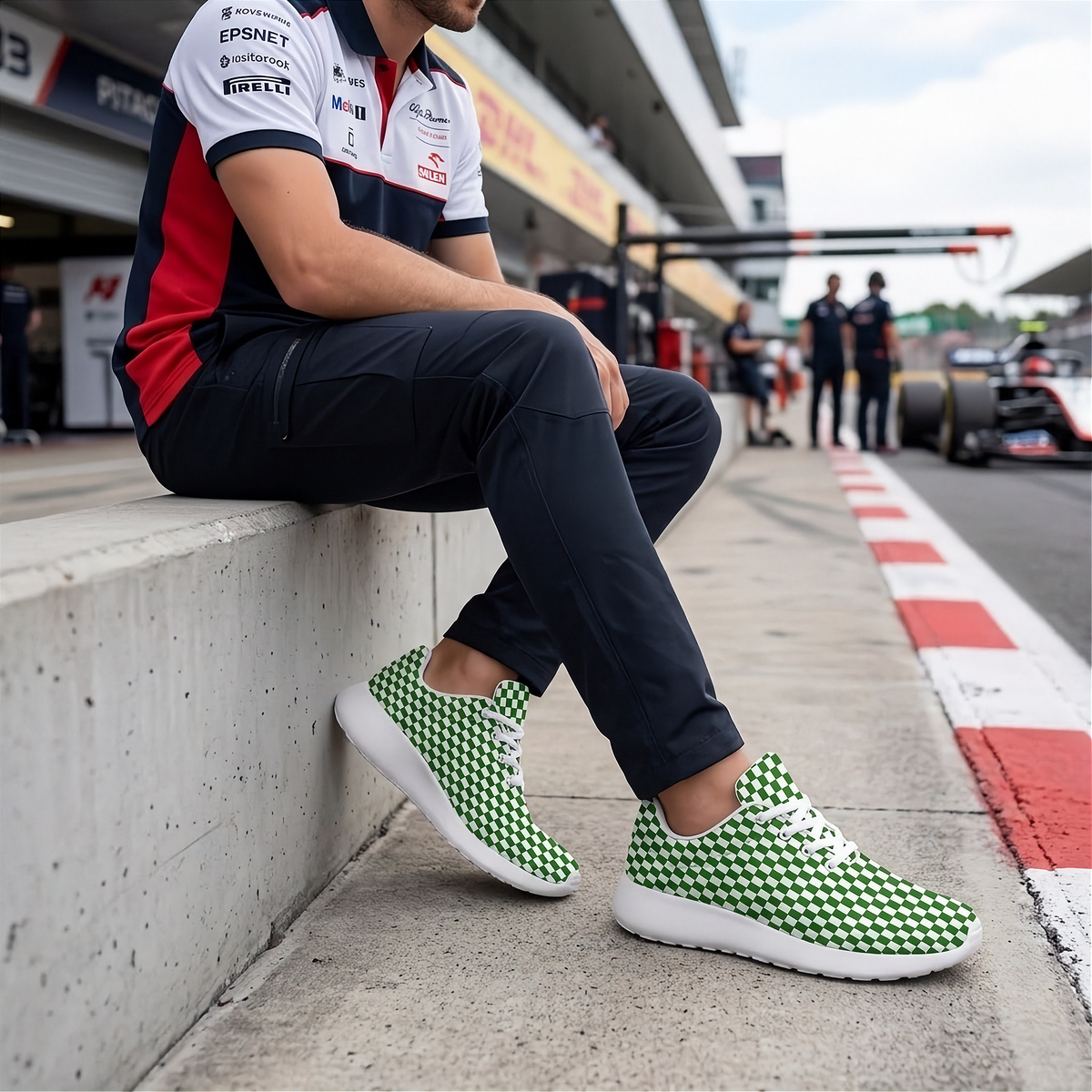 A man sitting on a concrete barrier at a racetrack, wearing a green and black checkered running shoe with a white sole. He is also wearing a white, navy, and red racing team polo shirt and dark trousers.