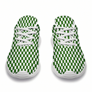 A pair of low-top sneakers with a green and white checkerboard pattern on the uppers, white laces, and white soles, shown from a top-down view on a white background.