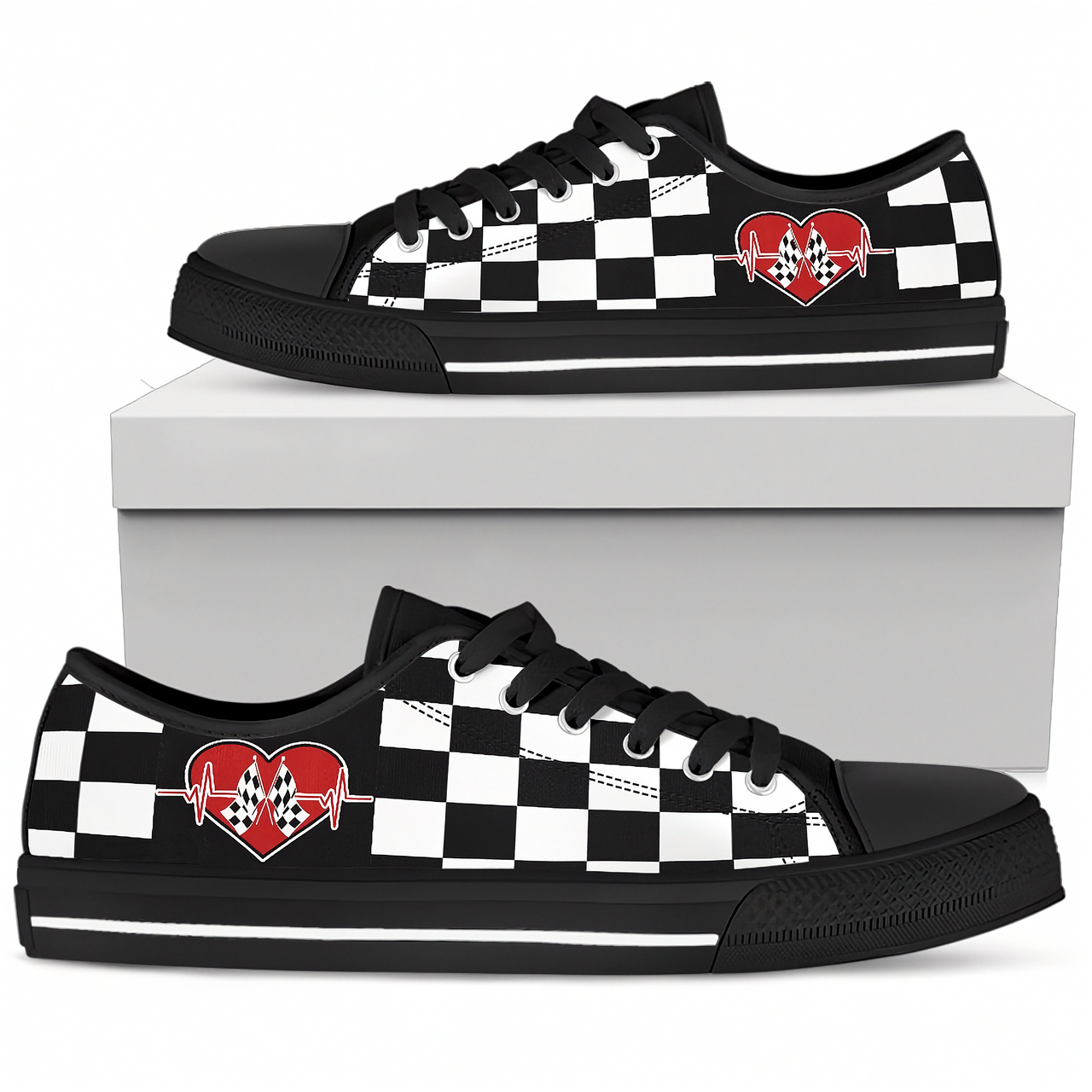 Black and white checkered sneakers with a red heart design on a white background