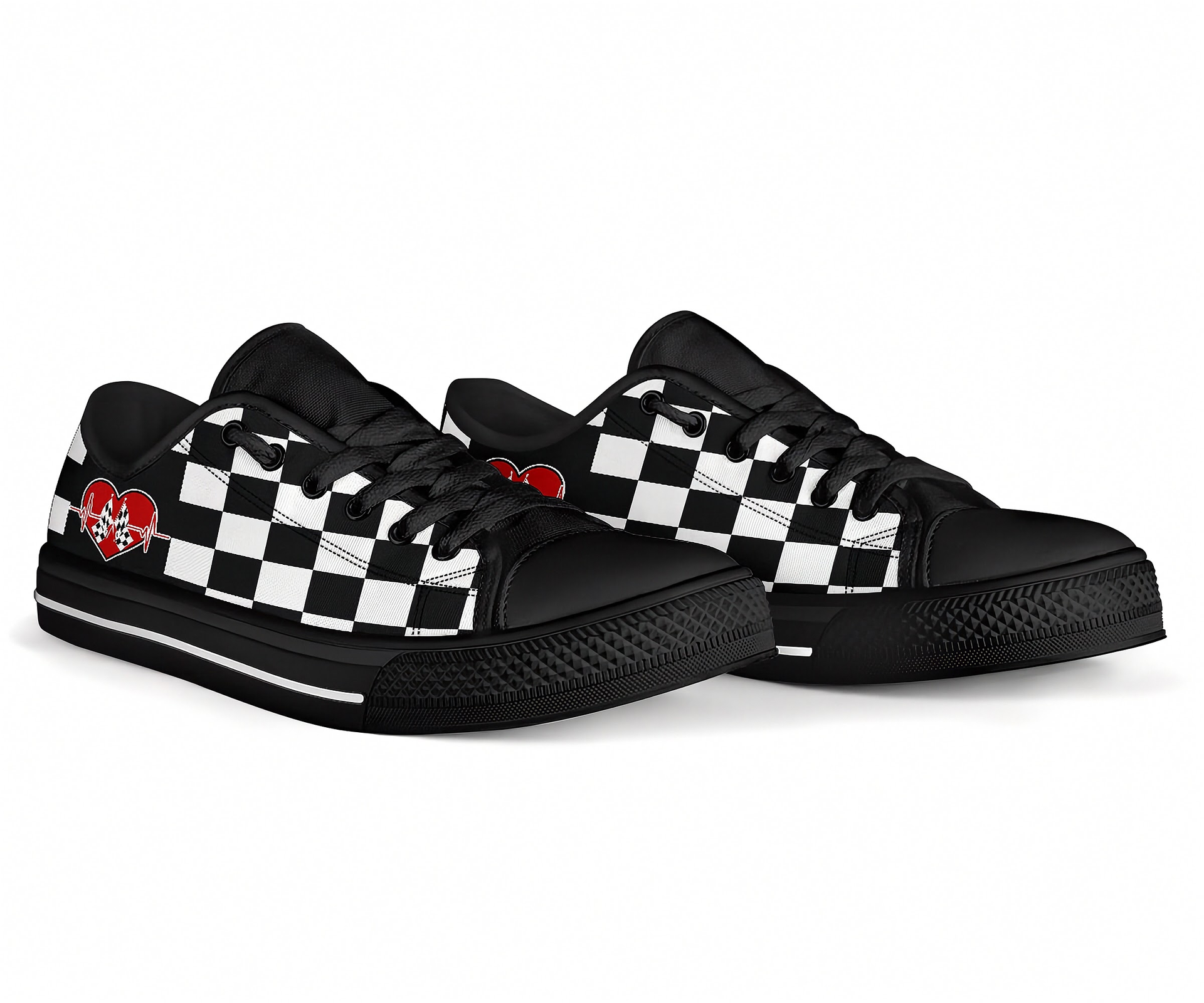 Black sneakers with checkered pattern and red heart design on a white background