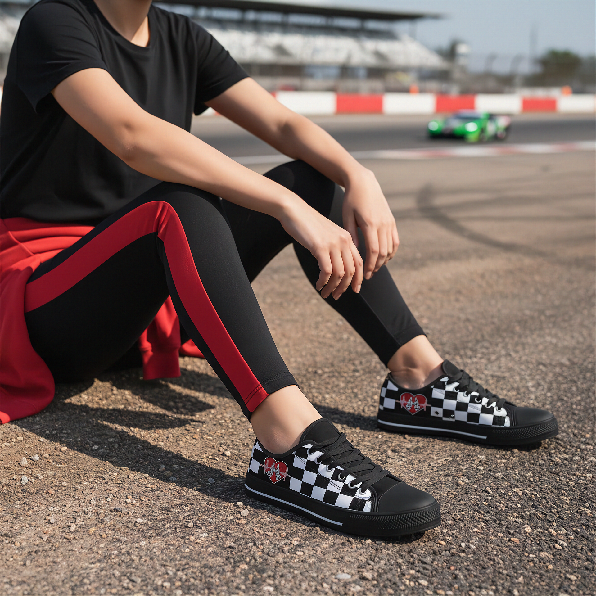 Woman sitting on a race track black and white checkered low top with heart designs on a dirt track.
