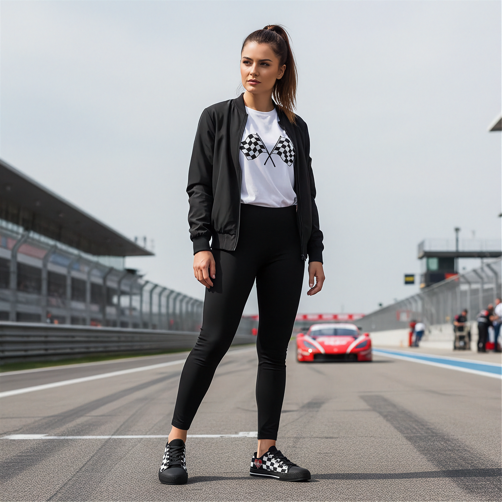 Woman standing on a race track wearing a black jacket, white shirt with checkered design, and black pants and checkered low top shoes with red heart design.