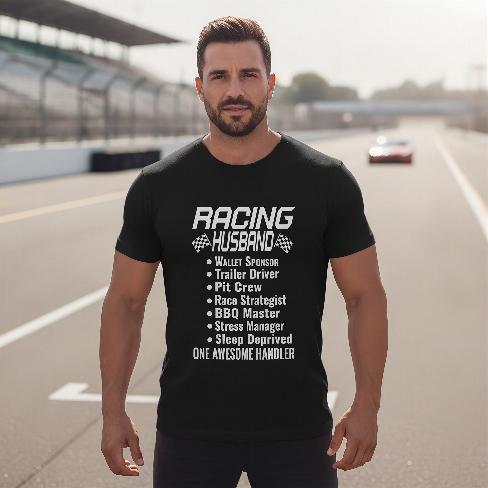 Man wearing a black t-shirt with 'Racing Husband' text on a race track background