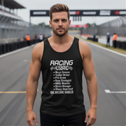 Man wearing a black tank top with Racing Husband on a race track