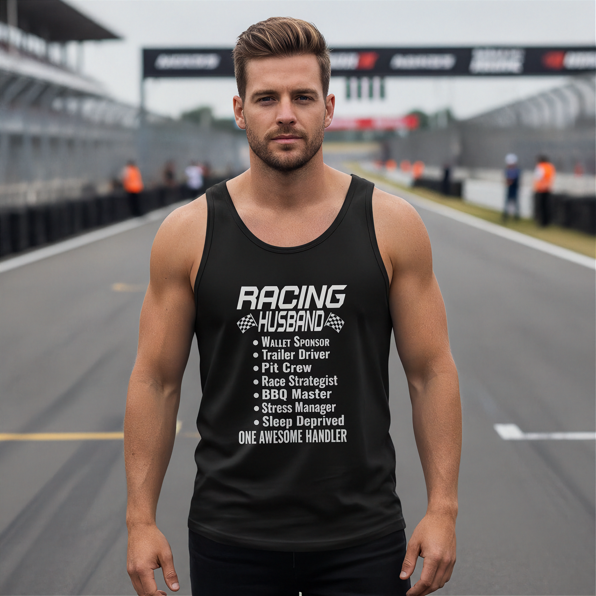 Man wearing a black tank top with Racing Husband on a race track