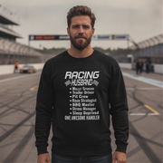 Man wearing a black sweatshirt with Racing Husband on a race track background