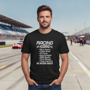 Man wearing a black t-shirt with 'Racing Husband' text at a race track.