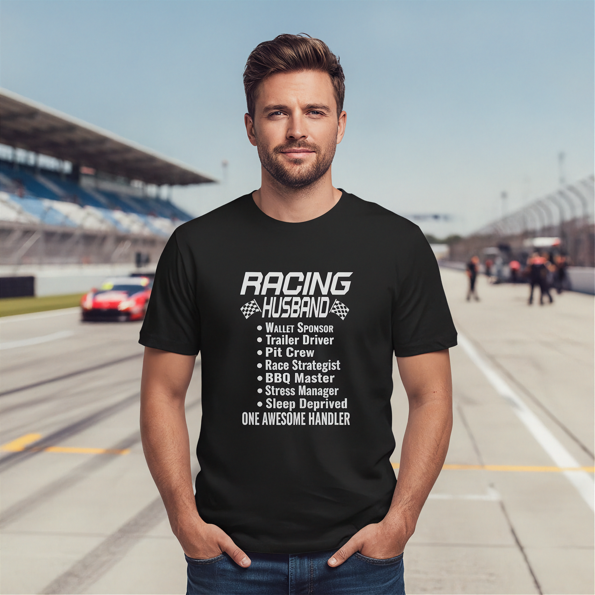 Man wearing a black t-shirt with 'Racing Husband' text at a race track.