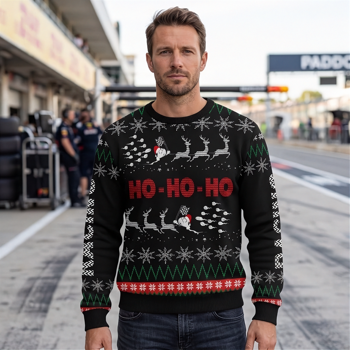 A man wearing a black Christmas sweater with a festive holiday pattern, standing on a racetrack with blurred background elements.