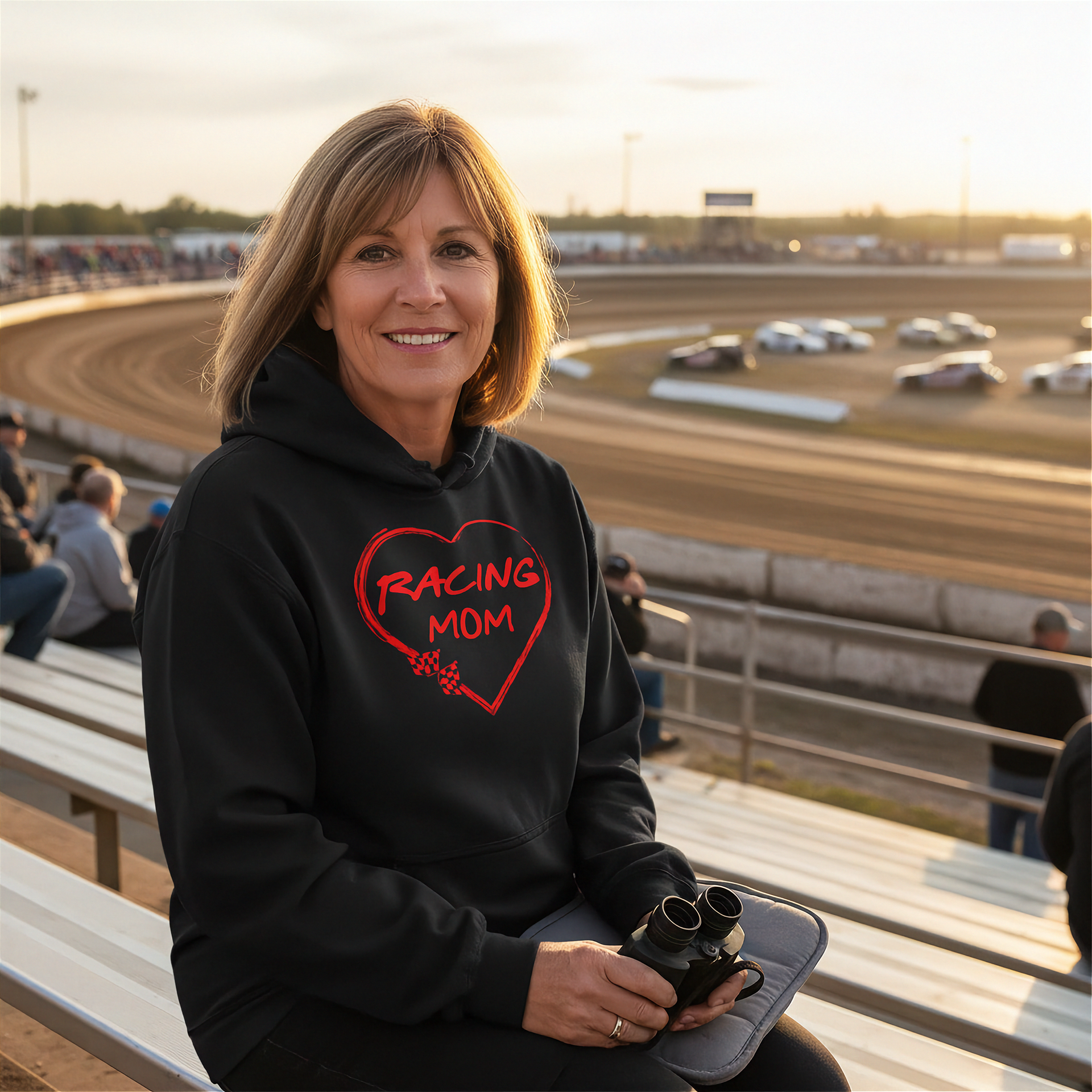 Woman wearing a black hoodie with 'Racing Mom' design on a race track background