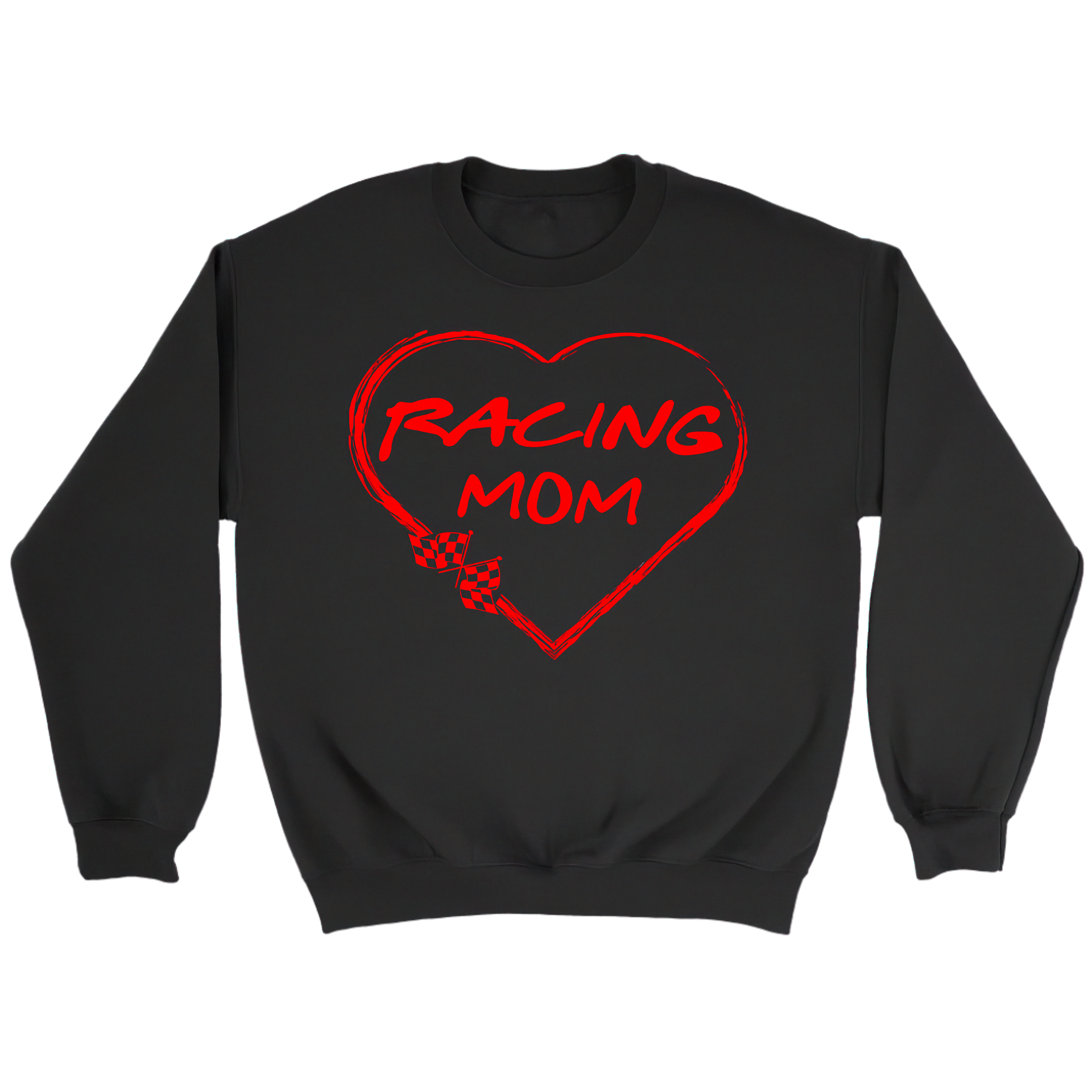 Black sweatshirt with red 'Racing Mom' design on a white background