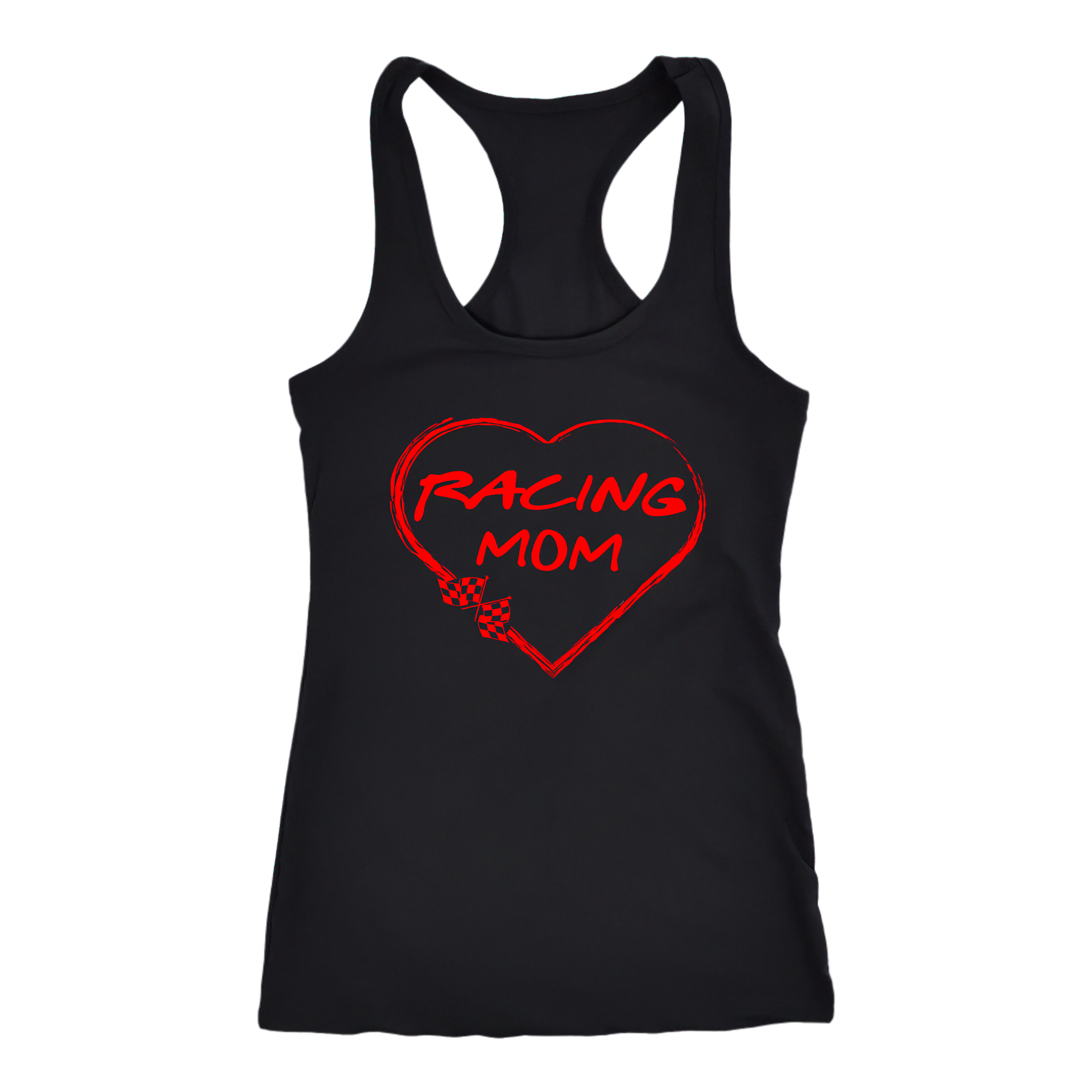 Black tank top with red 'Racing Mom' heart design on a white background