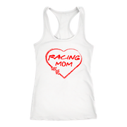 White tank top with a red heart and 'Racing Mom' text on a white background