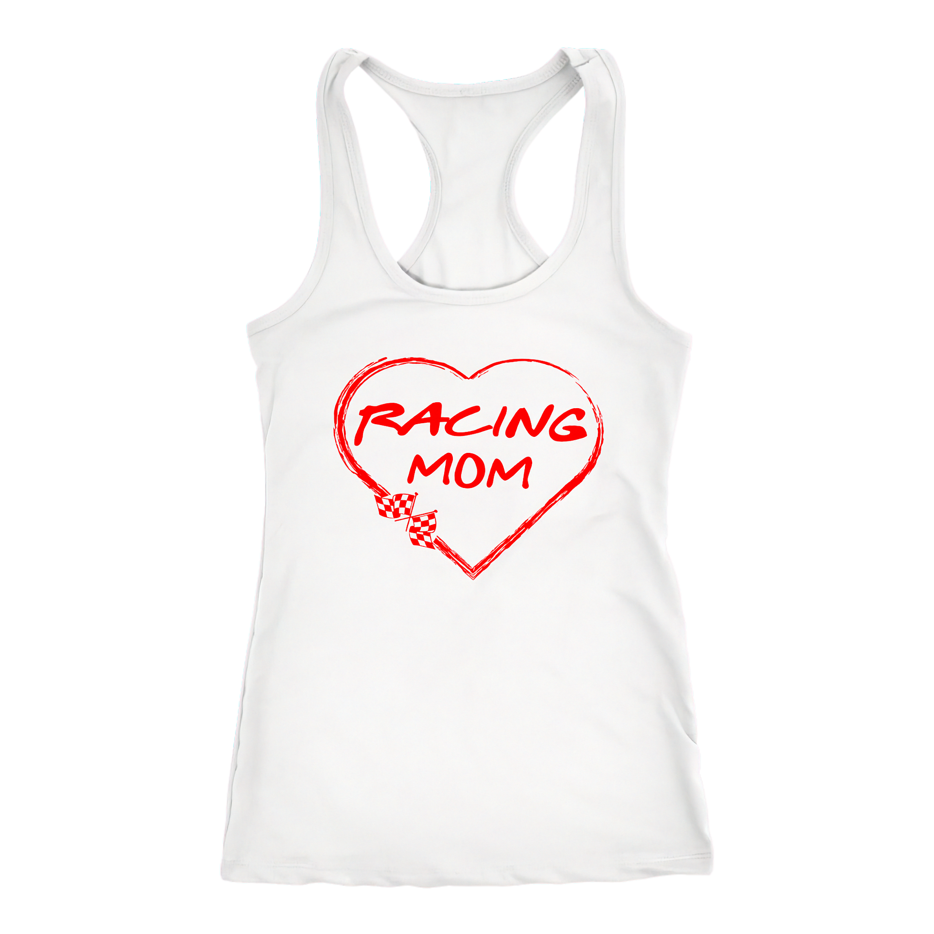 White tank top with a red heart and 'Racing Mom' text on a white background