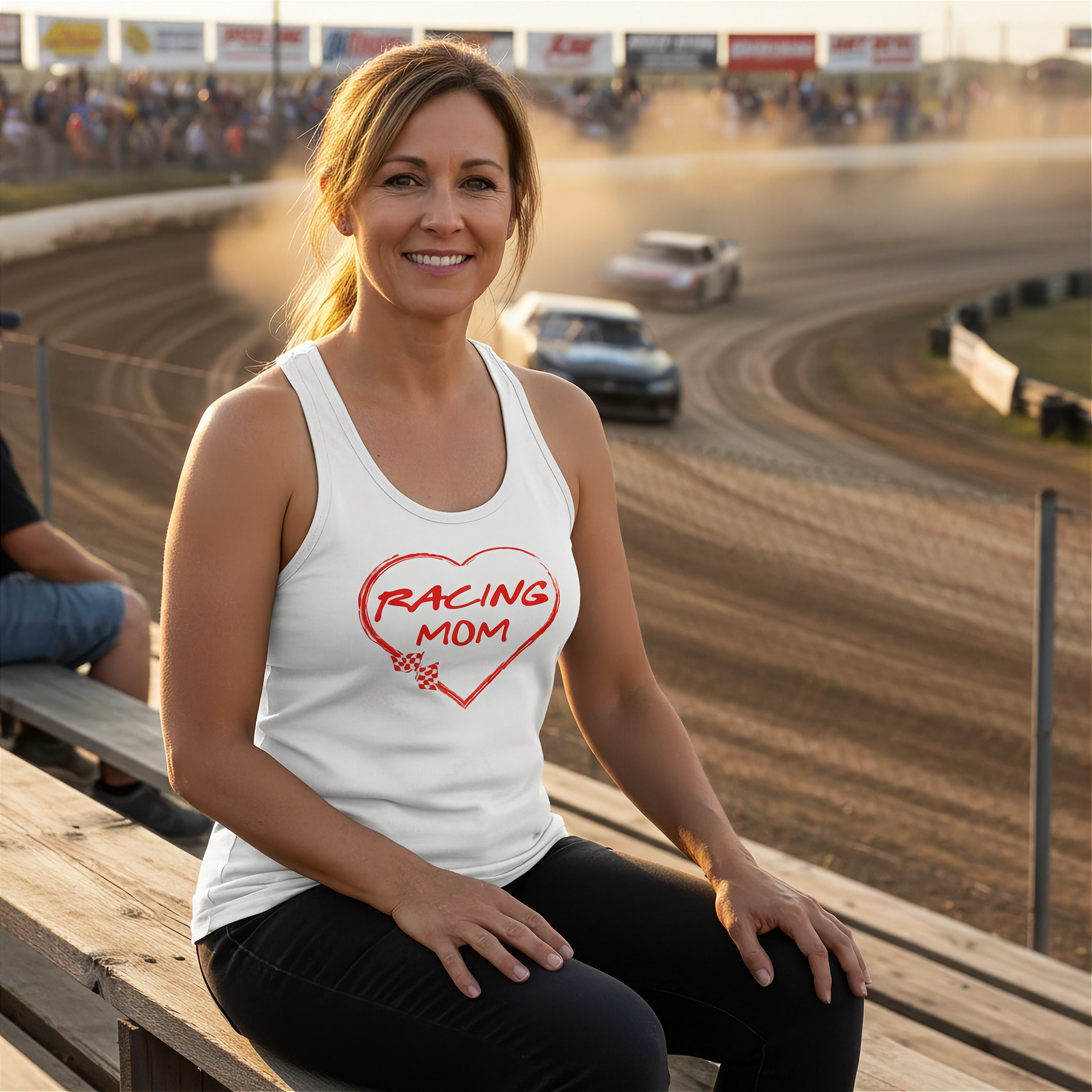 Woman wearing a white 'Racing Mom' tank top at a race track.