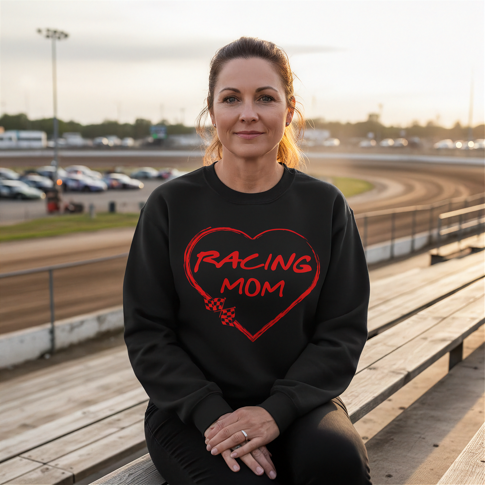Woman wearing a black sweatshirt with 'Racing Mom' in red on a race track.