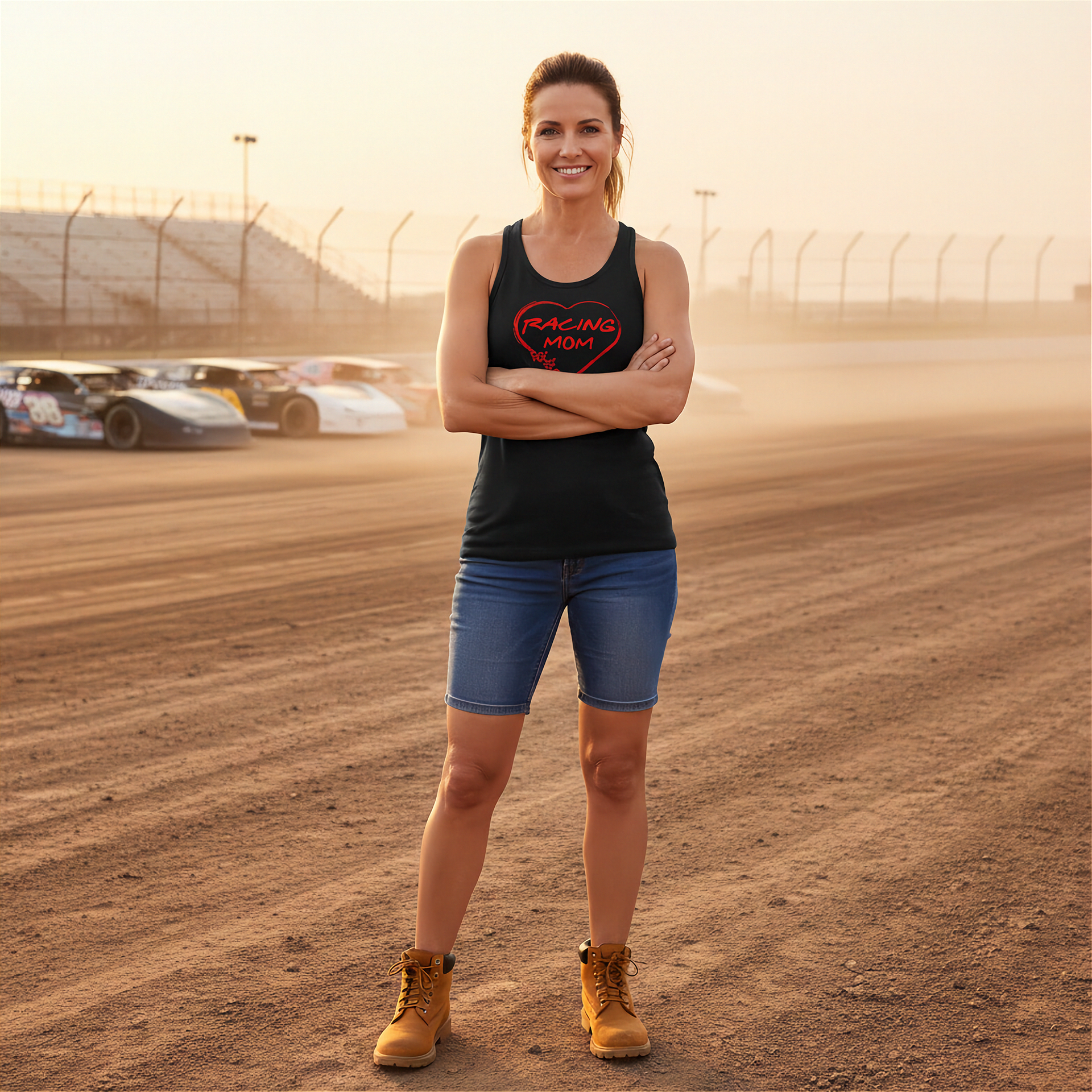 Woman standing on a race track with racing-themed tank top