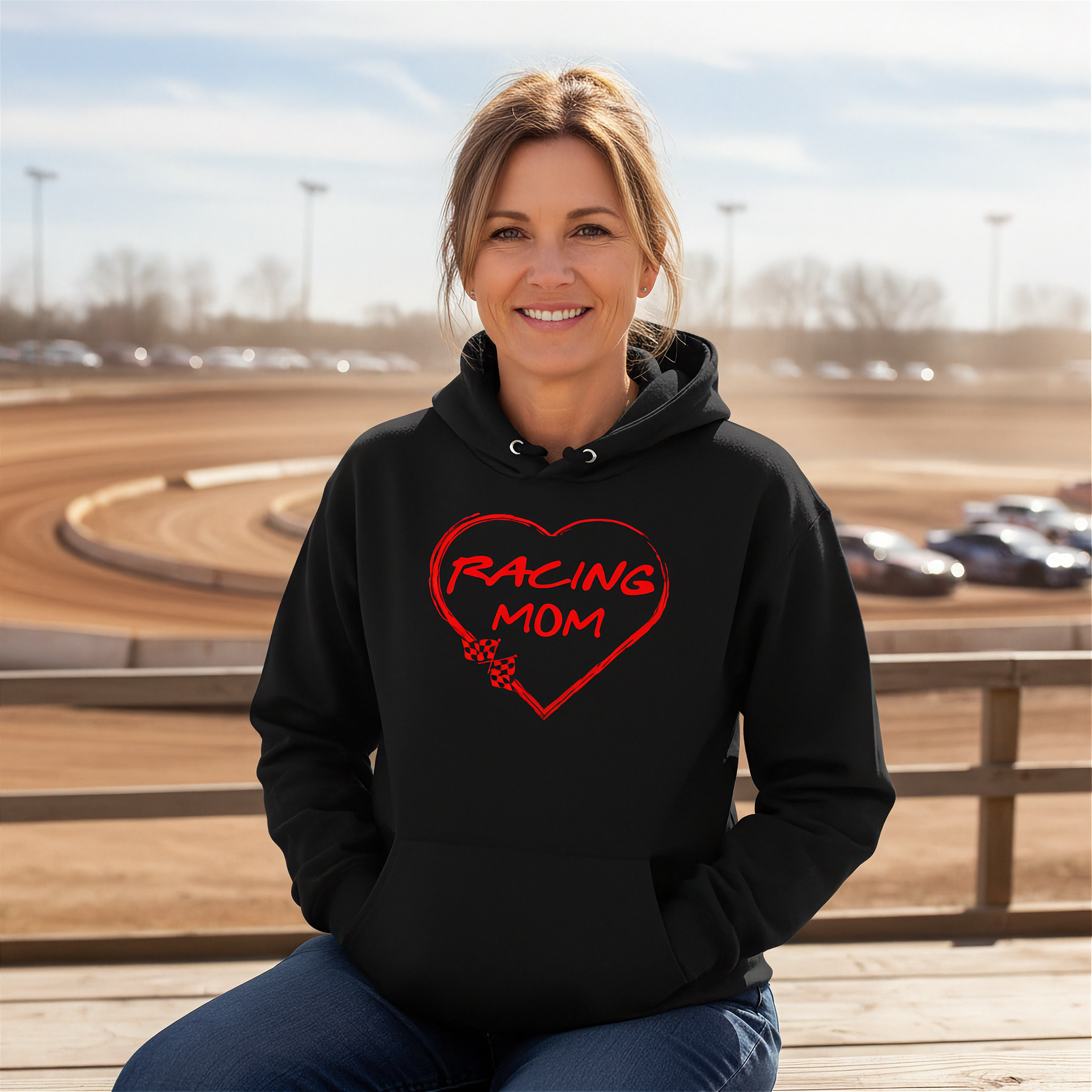 Woman wearing a black hoodie with 'Racing Mom' design at a race track.