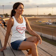 Woman wearing a 'Racing Mom' tank top at a race track.