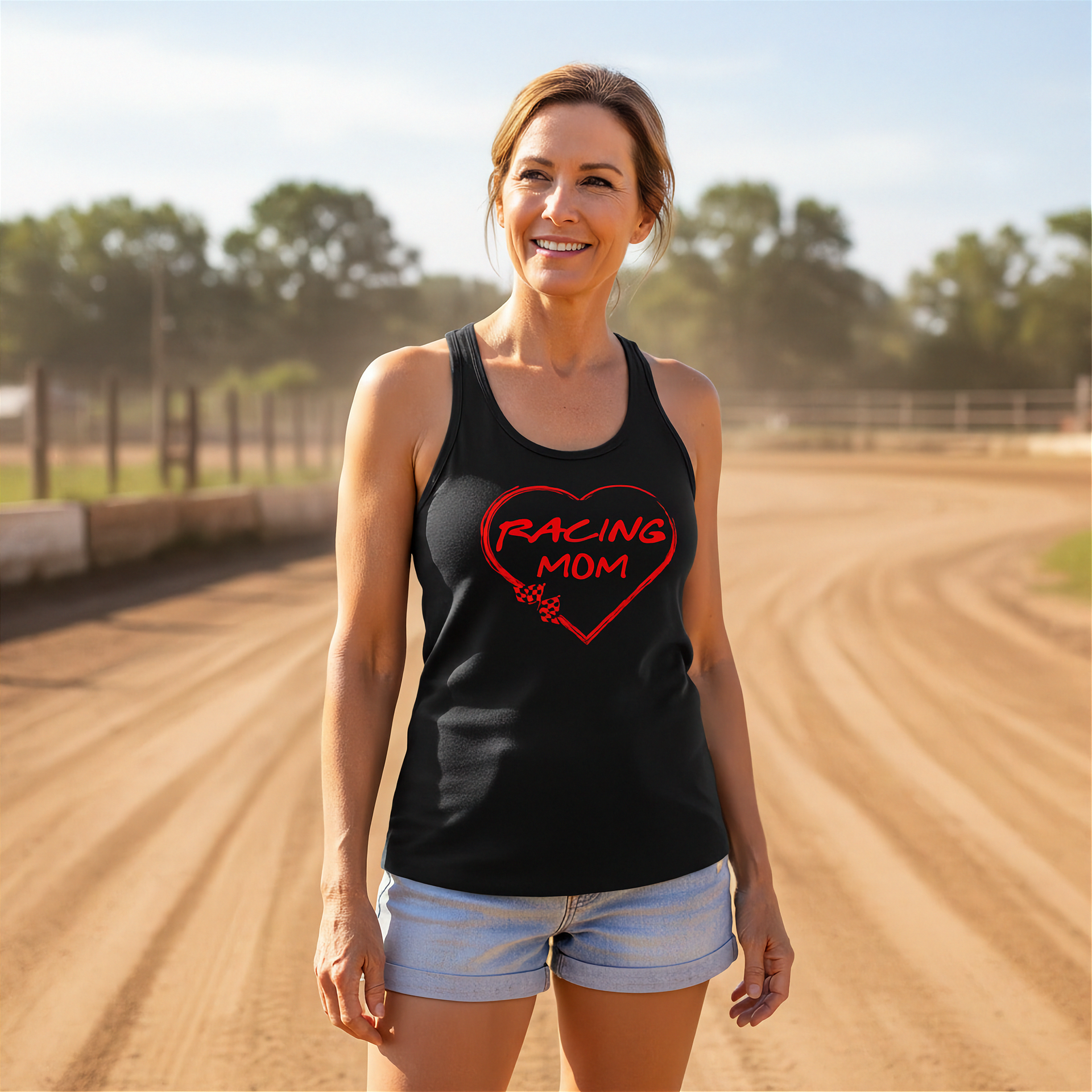 Woman wearing a black tank top with 'Racing Mom' text on a dirt track.