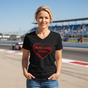 Woman wearing a black t-shirt with 'Racing Mom' design on a race track background