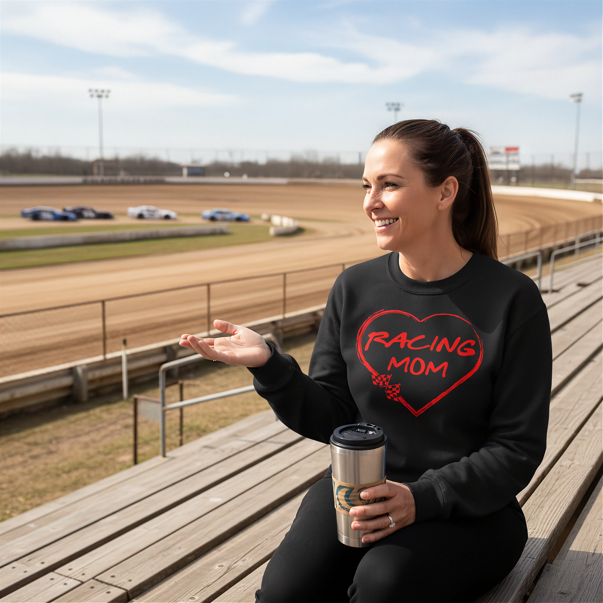 Woman wearing a black sweatshirt with 'Racing Mom' design on a race track background