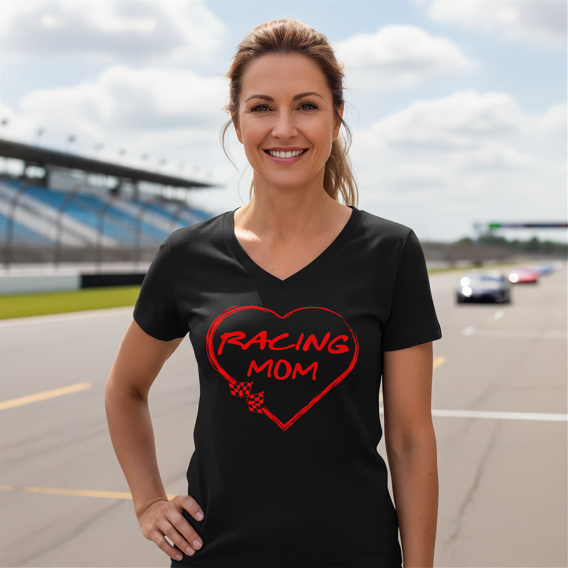 Woman wearing a black t-shirt with 'Racing Mom' design on a race track background