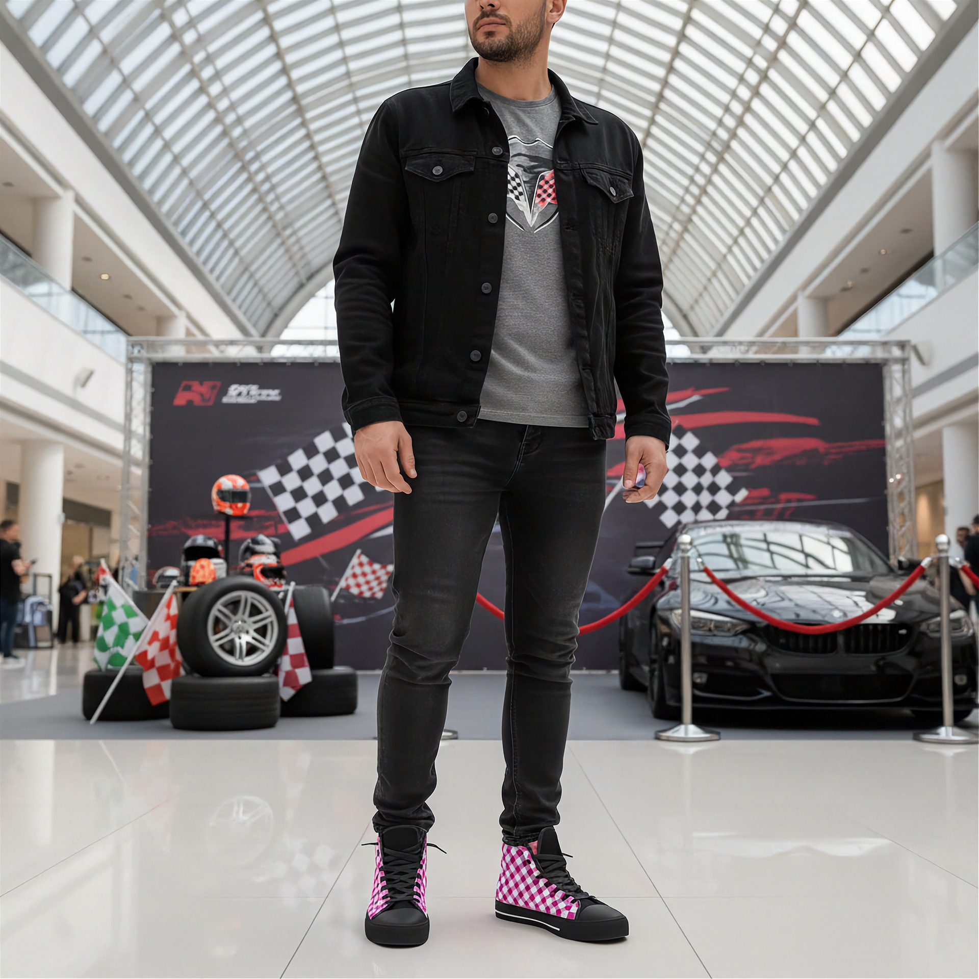 Man wearing checkered high top shoes standing in a modern indoor setting with a car display in the background
