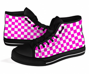 High-top shoes with pink and white checkered pattern on a white background