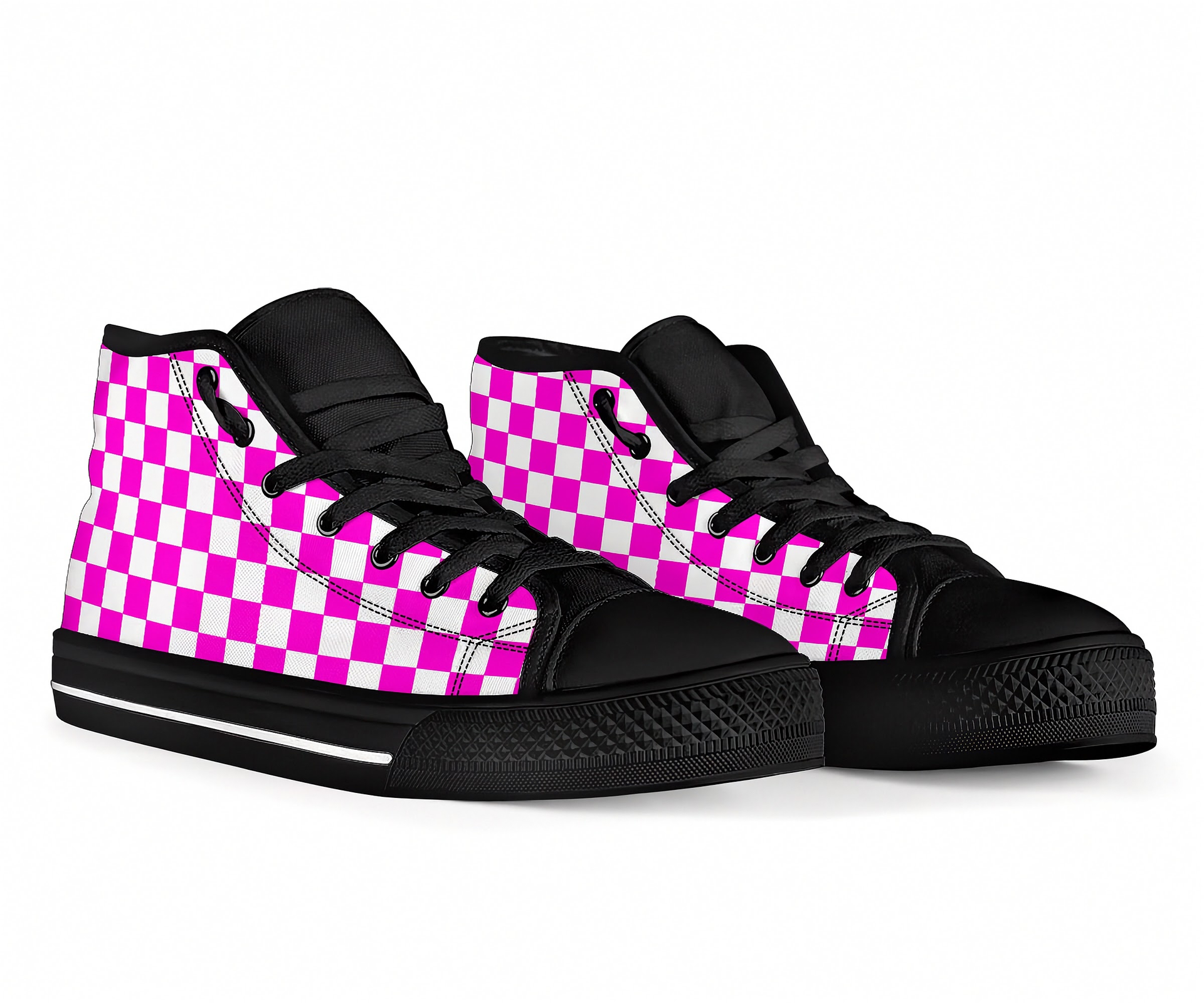 Black high-top shoes with pink and white checkered pattern on a white background