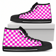 Pink and white checkered high-top shoes with black accents on a white background