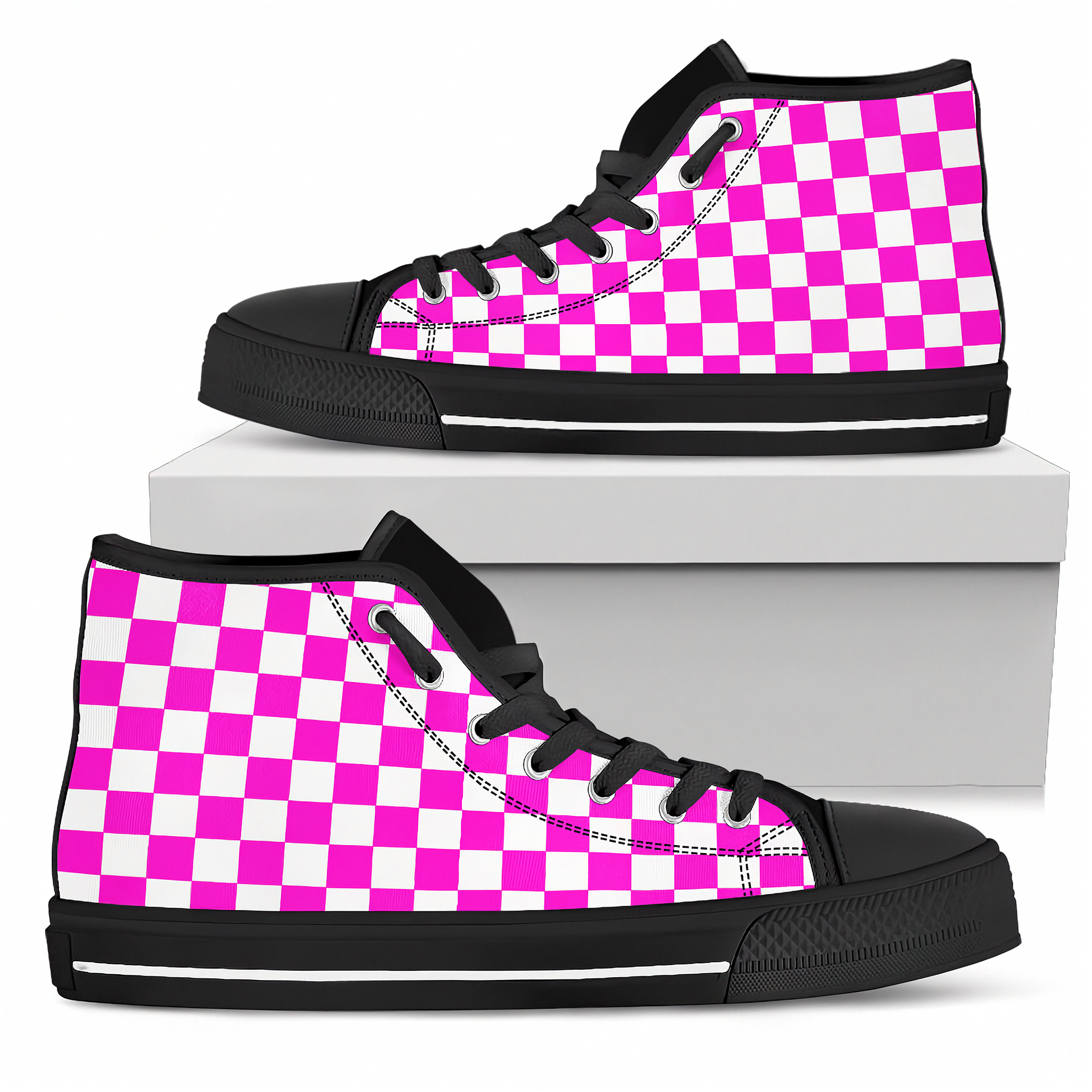 Pink and white checkered high-top shoes with black accents on a white background