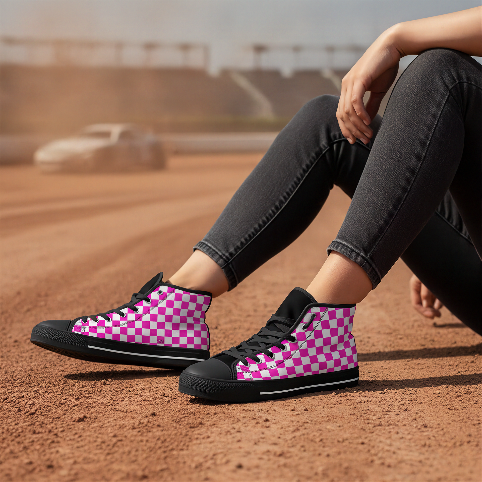 Person wearing pink and black checkered high-top sneakers on a dirt track.