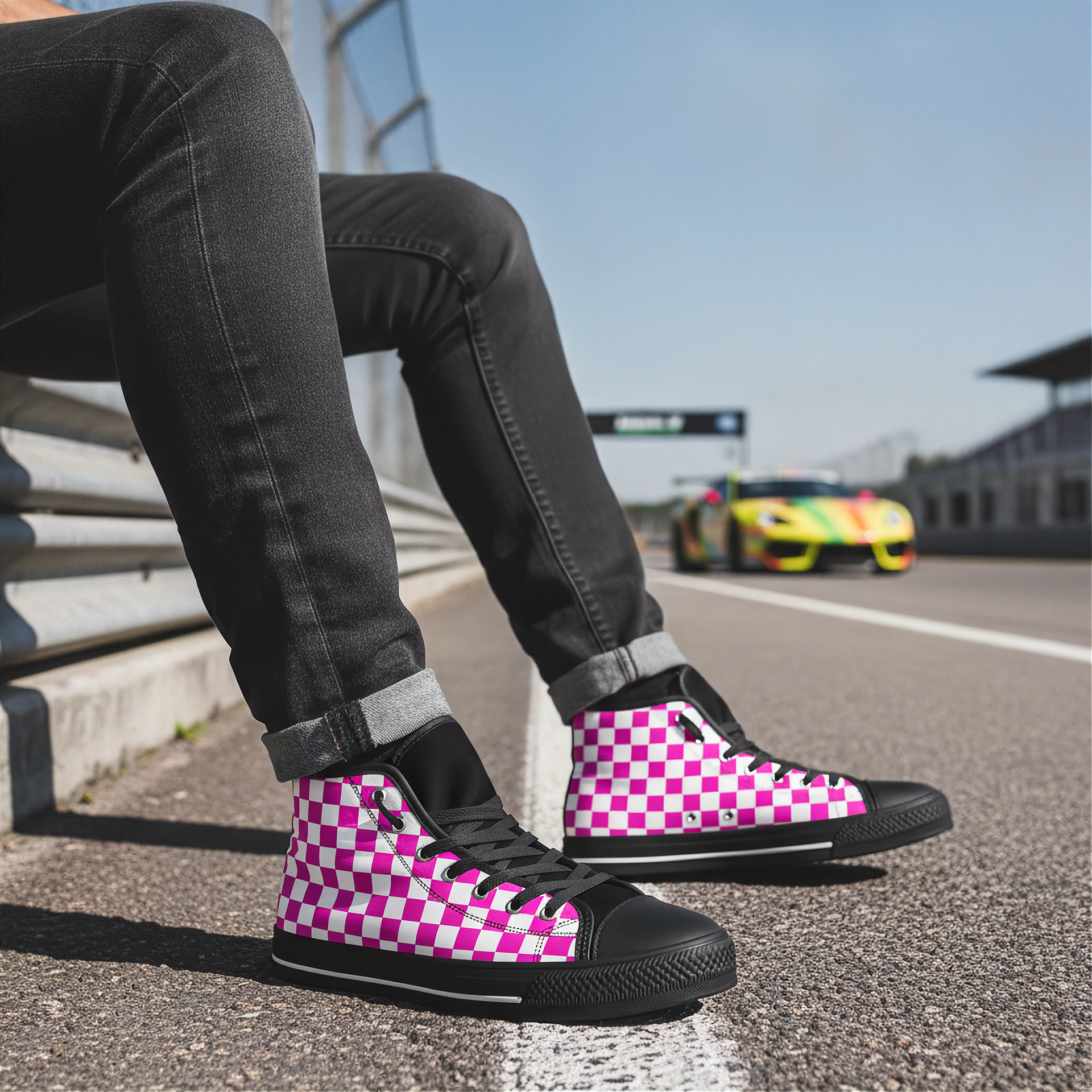 Person wearing pink and black checkered shoes on a race track with a car in the background